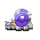 Pixel art of a purple spherical object with white accents on a gray background, shown in four distinct poses with visible motion changes.