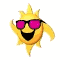 Yellow sun-shaped character with pink sunglasses and black mouth, smiling in various poses