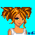 Pixel art contact sheet showing three animated frames of a character with text phrases "be urself," "every one else," and "is taken" on a bright blue background.