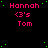 Pixelated text displays 'Hannah <3's Tom' in pink on a black background with scattered green dots, one gray rectangle visible.