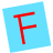 A static contact sheet showing two frames of an animated icon with a red letter F on blue background and scattered gray pixelated shapes.