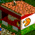 Pixelated image of a red-capped mushroom with brown spots on a green background, featuring a small yellow and orange object near its stem.