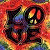 A 50x50 pixel animated buddy icon split into two frames showing a colorful abstract design on the left and green text on a dark background on the right, with visible dithering and pixelation typical of early digital art.