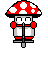 Pixel art mushroom character with red-and-white cap, white face, red gloves, and gray base; two views show head rotation from front to side.