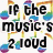 A four- pixelated image with text and visual elements: musical notes, a speaker icon, blue background with purple text, and a person wearing sunglasses