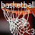 A basketball hoop with a white net and orange rim, featuring the word 'basketball' in white text above it and '<3' below on a dark background.