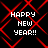 Black background with red geometric lines forming a pattern, overlaid by four identical white pixelated text blocks reading "HAPPY NEW YEAR!!"