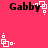 Pixelated 'Gabby' text with white square-dot animations on a solid pink background, showing repeated motion of small squares and dots shifting positions.