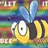 Pixelated bee icon with blue wings, yellow and black stripes, large white eyes, and a dark brown face against a multicolored striped background.