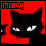 A 4-frame animated contact sheet of a black cat icon with glowing eyes against a red background, each frame displaying the word "MEOW!" in pixelated text.