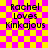Pixelated text 'Rachel Loves Kinkajous' on a yellow and pink checkered background with animated pink lines