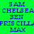 text-based icons on a bright green background with blue and orange elements, displaying names like SAM, CHELSEA, BEN, PRIS CILLA, MAX in various arrangements
