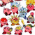 Pink round character with blue eyes and red feet appears in multiple poses including floating, holding a magnifying glass, and near text reading 'bye-bye'.