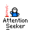 A 4x4 contact sheet of a pixel art animated icon showing a blue-shirted stick figure with white head and red feet performing various actions across 15 frames, including waving, holding objects, and displaying speech bubbles.