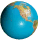 A rotating 3D globe with blue oceans and brown-green landmasses, showing multiple views of Earth's continents against a gray background.