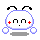 Pixelated character with white rounded head, blue outline, black antennae, red cheek marks, and floating hands; mouth alternates between dot and curved line.