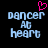 Pixelated text 'Dancer At Heart' in light blue with a pink heart symbol above the left side, displayed on black background.