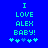 Blue background with cyan pixelated text reading "I LOVE ALEX BABY!" and five star-like symbols below, two of which shift position between frames.