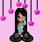 Pixel art of a seated figure with long black hair and blue eyes, surrounded by pink flower-like shapes on a light pink background, with purple text below.