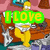 Animated sequence of a yellow cartoon character in white tank top and orange pants, with green text overlays reading 'I Love the Simpsons'