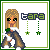 A 4-frame animated contact sheet showing a pixel art character with blonde hair, green eyes, and brown pants holding a white object, with the text "tara" and green star decorations changing across frames.