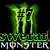 Green clawed logo with text elements on black and gray backgrounds, showing multiple variations of the Monster Energy symbol and associated words.