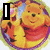 Animated circular icon featuring Winnie the Pooh with a red shirt, showing two states: one with no overlay and another with a black-and-white heart symbol over his face.