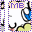 Pixelated avatar with purple 'ME' text above a figure in blue and black attire, yellow lower body, and a purple-and-white checkered border.