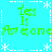 Pixelated green text 'less Is Awesome' repeats across a cyan background with white star and dashed-line borders, forming a symmetrical pattern