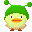 Four 32x32 pixel animated frames of a green-hatted cartoon chick with yellow body, blue eyes, orange beak, and brown feet arranged in a 2x2 contact sheet.
