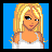 Pixel art contact sheet showing three frames of a blonde female character in white top, pink skirt, and gray boots holding a leopard-print bag against blue background.