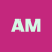 Pixelated light green 'AM' letters on solid magenta background with subtle pixelation artifacts.