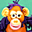 Pixelated monkey face with orange fur, large yellow ears, purple hair tuft, and dark blue clothing against teal background.