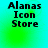 Four identical pixelated display "Alanas Icon Store" text over a cyan-to-green gradient background with subtle circular light effects