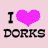 Six pixelated "I ❤️ DORKS" icons arranged in a 3x2 contact sheet with varying heart colors on a light pink background.