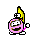 Pixel art contact sheet of 8 animated frames showing a yellow banana character with pink limbs and a pink circular body, each frame displaying different poses and expressions against a gray background.