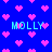 Blue background with scattered pink pixelated hearts and four instances of the word 'MOLLY' in cyan block letters.