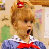 Pixelated cartoon character with blonde hair and red bow next to blue pixelated text reading 'ur in big trouble MISTER!'