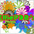 Pixelated floral design with green text overlays on a white background, featuring orange, purple, blue, and green flowers with black and white accents.