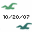Green and teal bird-shaped icons with pixelated text reading '10/20/07 jake ilysm' and 'xoxoxoxoxoxo' on a white background, some showing animation changes.