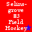 Red background displays repeated text "Selins-grove #3 Field Hockey" with blue and purple star symbols in two distinct states.