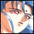Pixelated anime-style character face with blue hair and red eyes, next to stylized text on a black background.