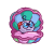 Pixelated circular icon with pink border shows a purple creature with blue eyes and red accents on a pink cloud base, alternating with a striped beach ball and text overlays.