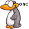 Animated contact sheet of a cartoon penguin mascot with changing text labels across 25 sampled frames, arranged in a 5x5 grid on transparent background.