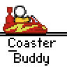 Animated contact sheet of a red and yellow cartoon character riding a coaster vehicle across 15 frames with motion blur effects on gray background.