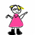 Two side-by-side stick-figure characters with yellow pigtails, pink dresses, black boots, and smiling faces, one with arms raised and the other with one arm extended.