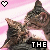 A four- of pixelated cat faces with pink striped backgrounds, each containing a heart icon and text overlay