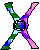 Four pixelated X-shaped figures with multicolored limbs on gray background, each showing distinct color variations