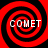 Four identical red and black spiral patterns arranged in a , each containing the word COMET in white pixelated text