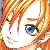 Pixelated close-up of a character's face with orange-brown hair, blue eyes, and a neutral expression, set against a warm-toned background.
